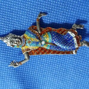 Vintage Siam Sterling Silver Dancer Goddess Nielo Pin Brooch